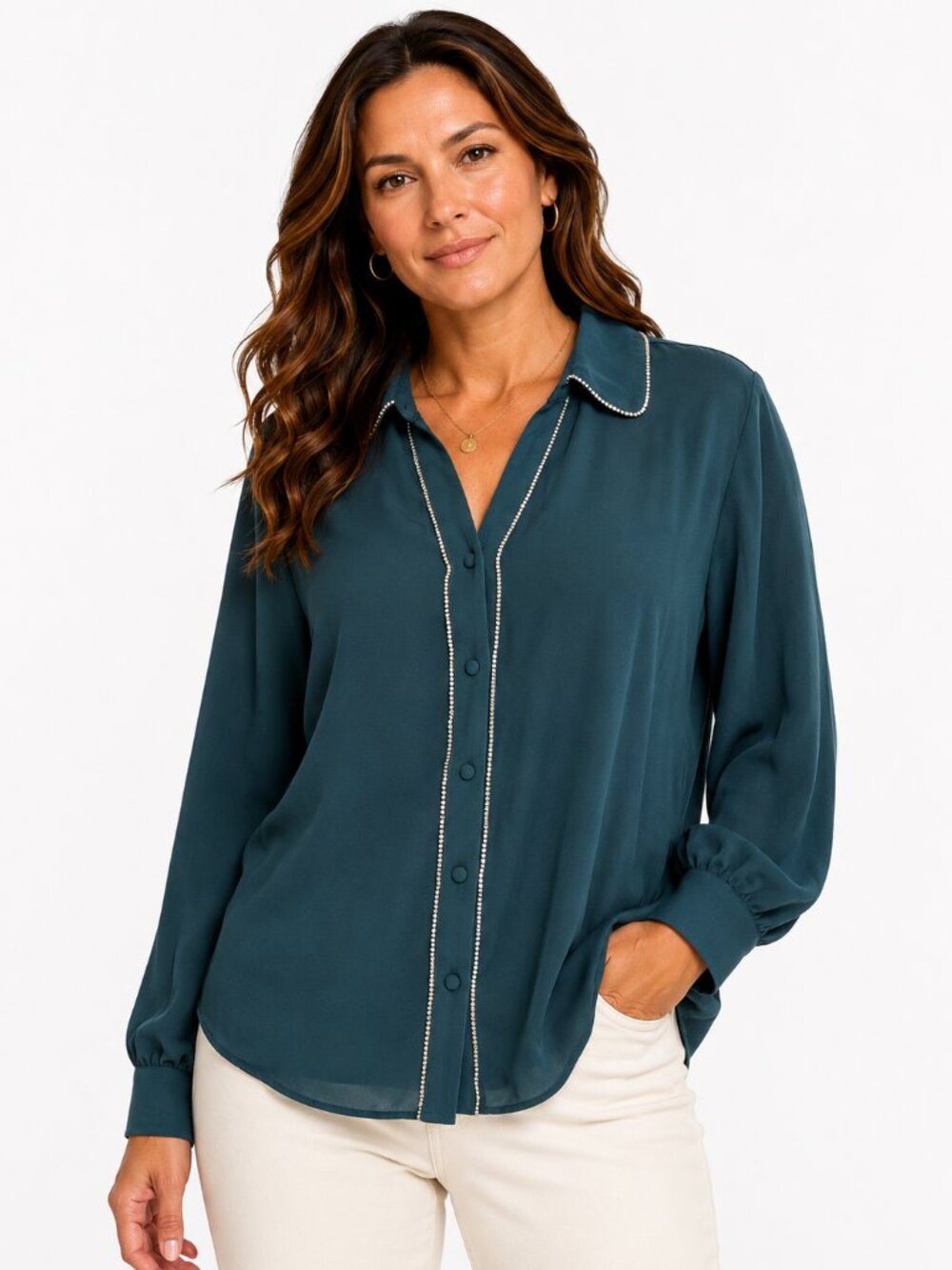 d&co Signature Rhinestone Trim Button Front Blouse Teal M